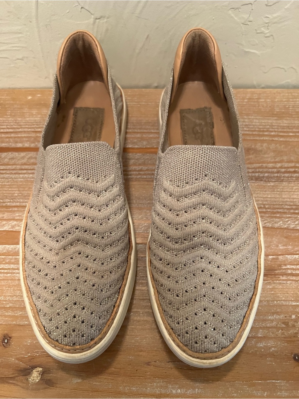 UGG Women's Sammy Slip-On Knit Sneakers in Beige with Metallic Shimmer Size 6.5